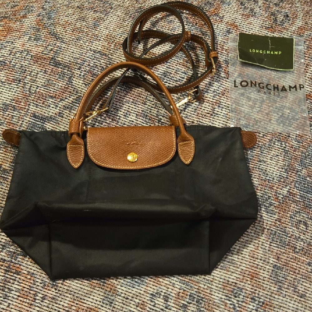 Longchamp Black Le Pliage Nylon Purse with Brown Leather Accents 12" x 6"